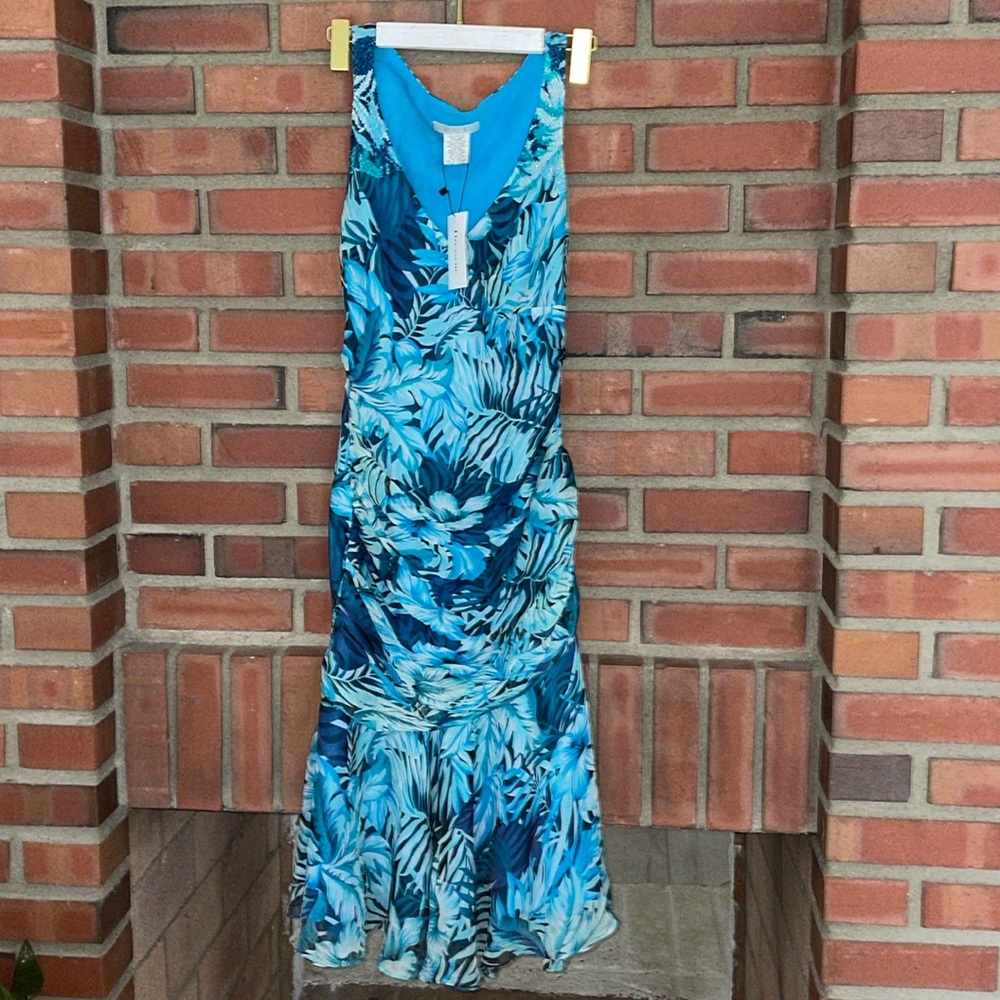 NWT I.C.E. Beach Batik Blue Beaded Yoke tropical fairy drop waist Dress 8US layr